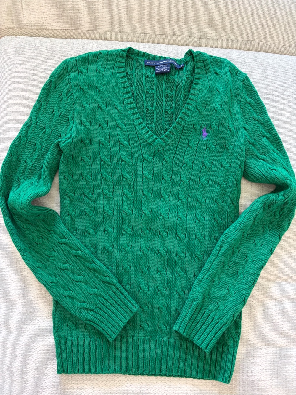 Ralph Lauren Bright Green Cable V‑Neck Sweater
